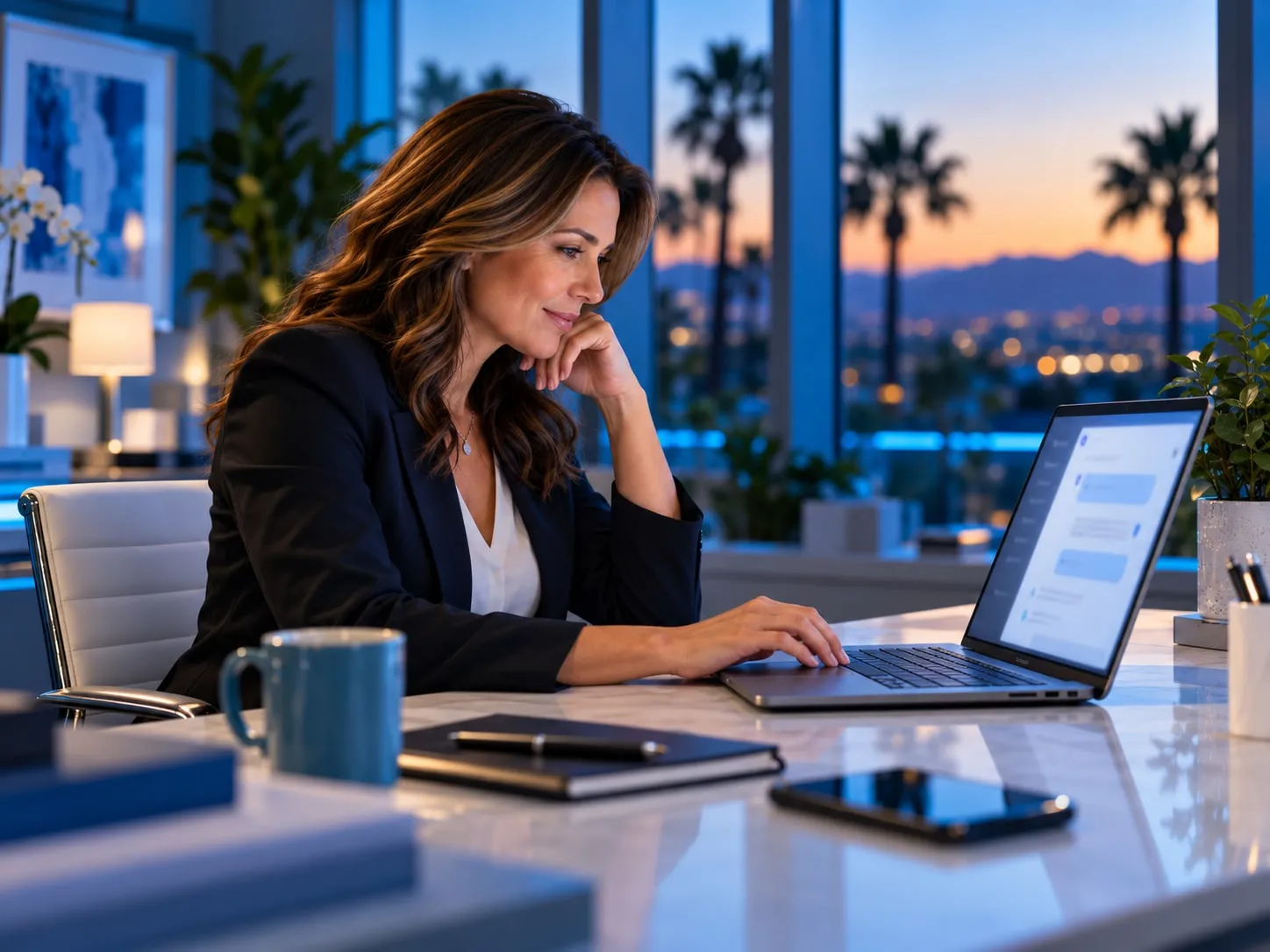 Office manager using a private AI assistant on her laptop in a modern Southern California office at dusk