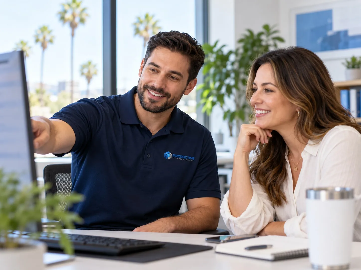 Friendly IT technician helping a business owner at her computer in a bright Southern California office