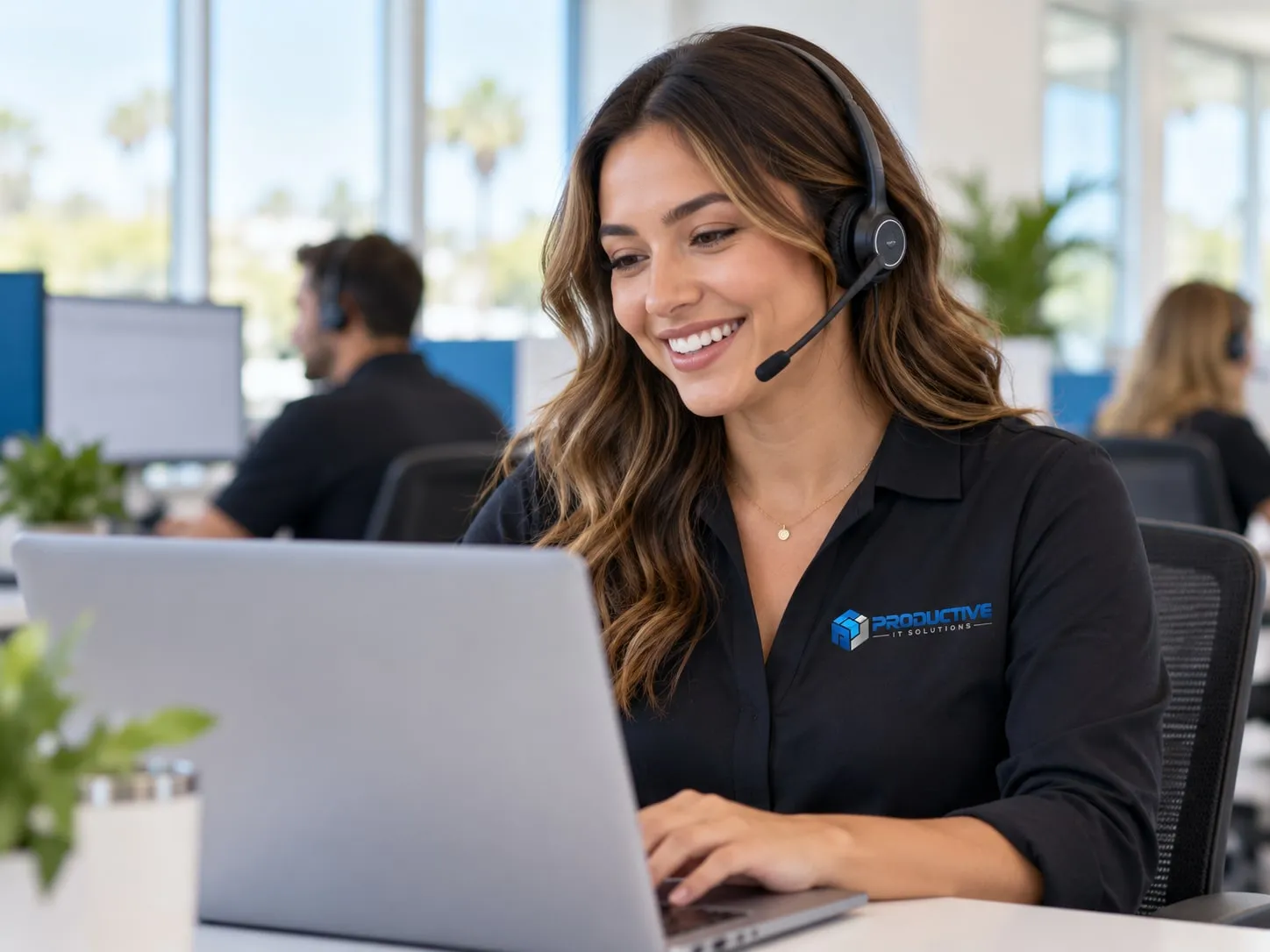 Smiling help desk team member on a headset talking with a client